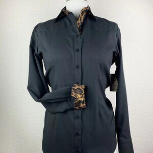 CR RANCH Sun Savvy Wild About Leopard Black Button Down w/Animal Print Accents